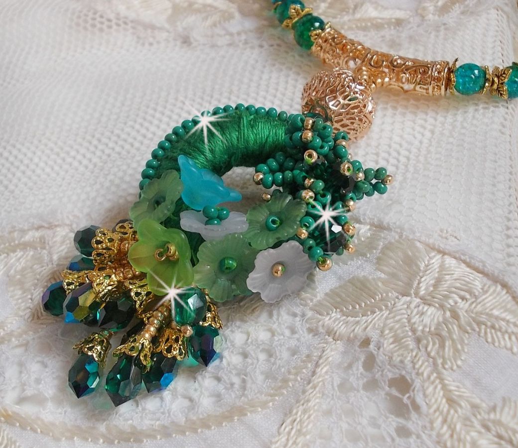 Green Iris necklace embroidered with emerald green DMC cotton, Swarovski crystals, resin beads and seed beads