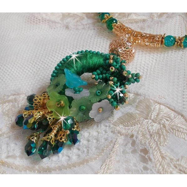 Green Iris necklace embroidered with emerald green DMC cotton, Swarovski crystals, resin beads and seed beads
