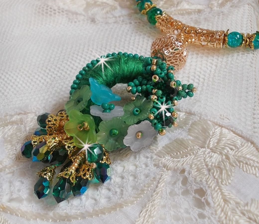 Green Iris necklace embroidered with emerald green DMC cotton, Swarovski crystals, resin beads and seed beads