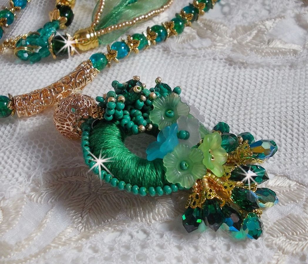 Green Iris necklace embroidered with emerald green DMC cotton, Swarovski crystals, resin beads and seed beads