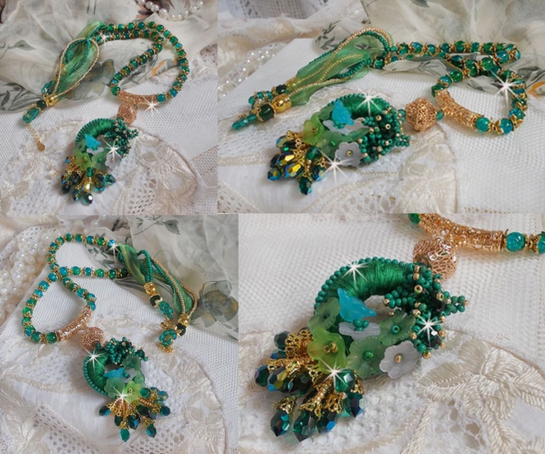 Green Iris necklace embroidered with emerald green DMC cotton, Swarovski crystals, resin beads and seed beads
