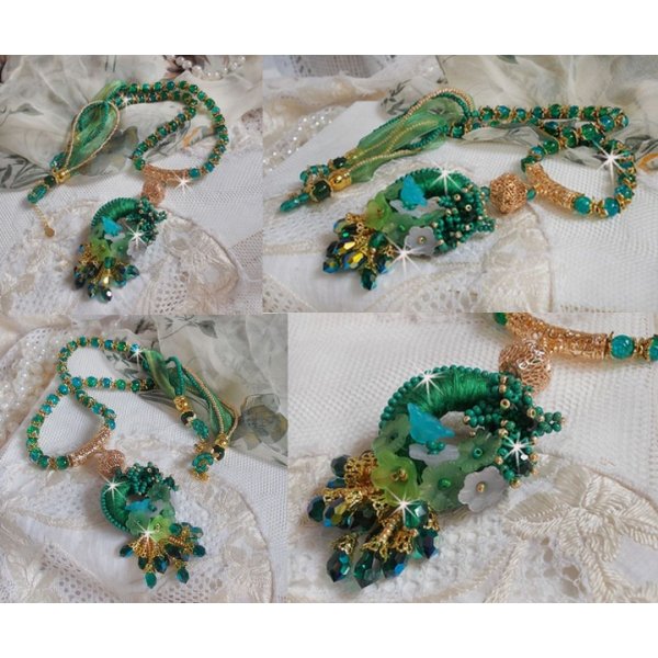 Green Iris necklace embroidered with emerald green DMC cotton, Swarovski crystals, resin beads and seed beads