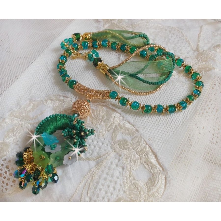 Green Iris necklace embroidered with emerald green DMC cotton, Swarovski crystals, resin beads and seed beads