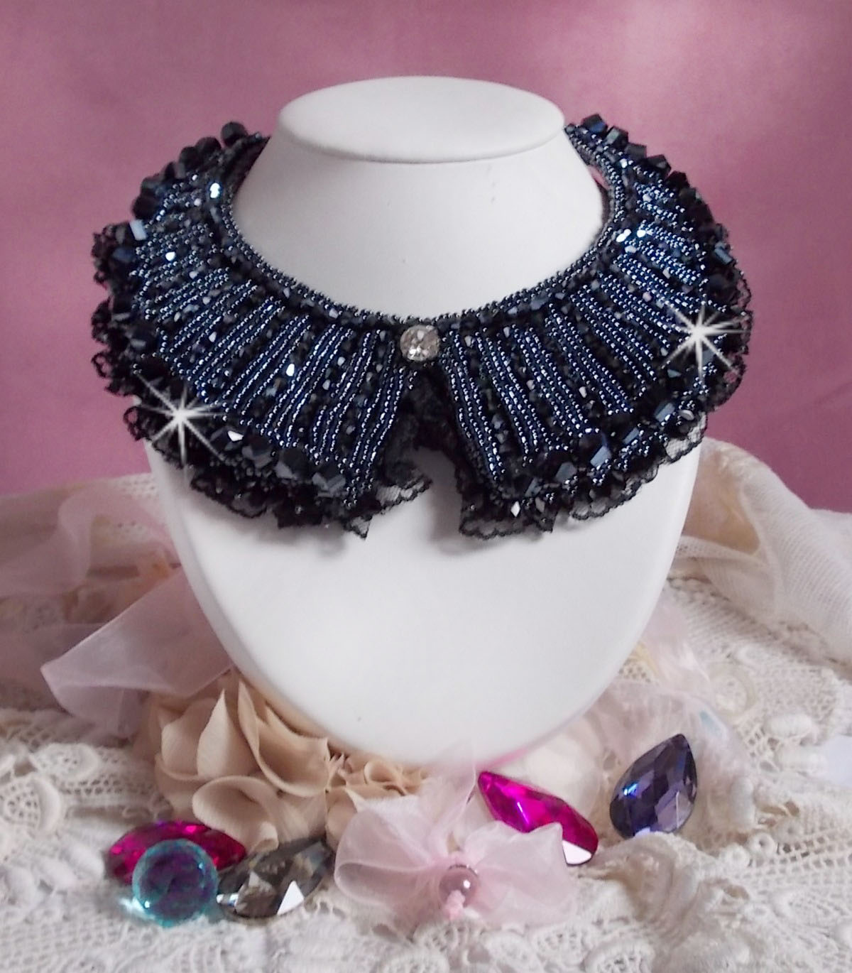 Necklace with Swarovski crystals and black lace Haute-Couture style