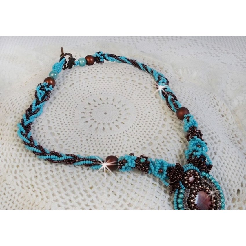 Haute-Couture Turquoise necklace embroidered with Swarovski crystals and semi-precious stones