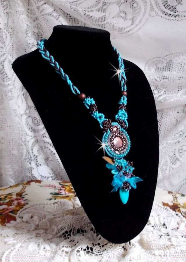 Haute-Couture Turquoise necklace embroidered with Swarovski crystals and semi-precious stones