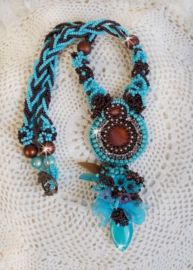 Haute-Couture Turquoise necklace embroidered with Swarovski crystals and semi-precious stones