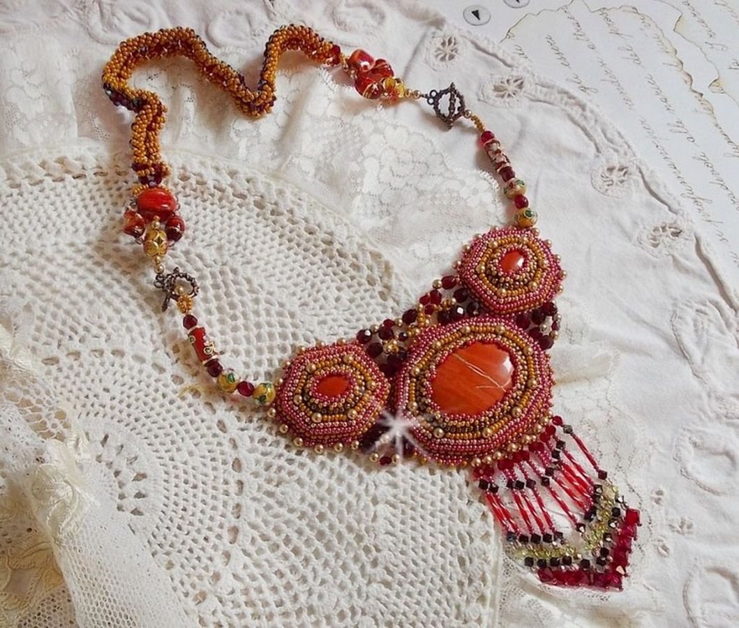 Red Jasper Necklace embroidered with semi-precious stones Red Jasper with Swarovski crystals, cloisonne beads, Muranos and rocailles