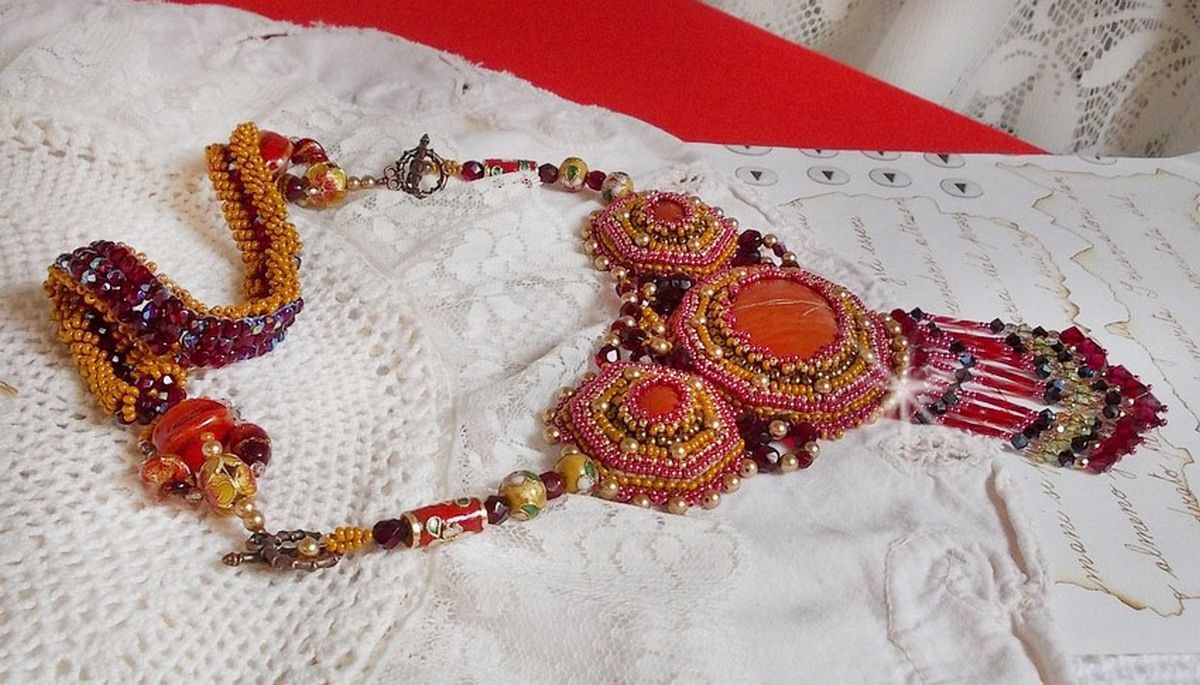 Red Jasper Necklace embroidered with semi-precious stones Red Jasper with Swarovski crystals, cloisonne beads, Muranos and rocailles