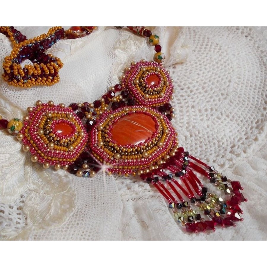 Red Jasper Necklace embroidered with semi-precious stones Red Jasper with Swarovski crystals, cloisonne beads, Muranos and rocailles