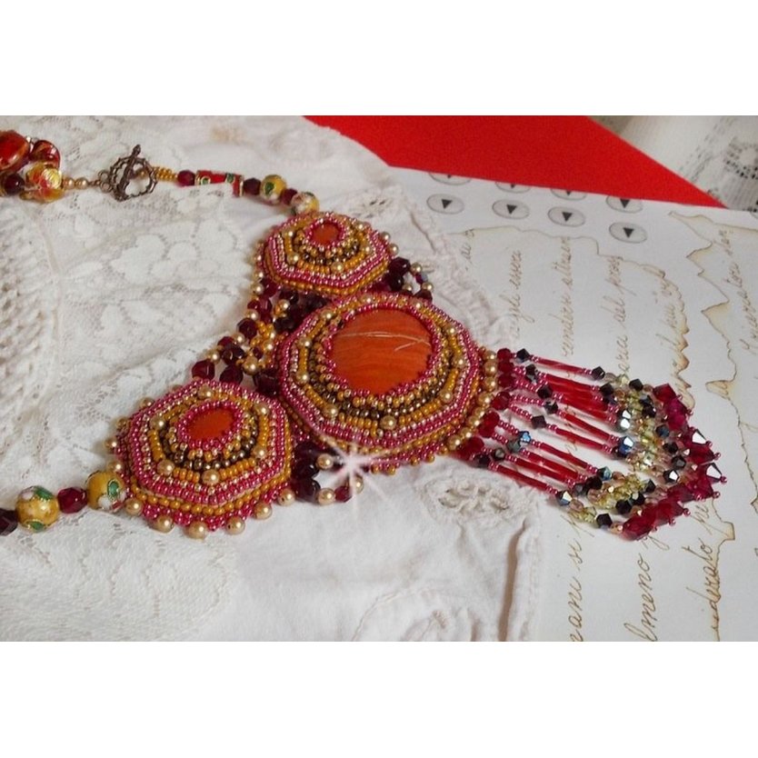 Red Jasper Necklace embroidered with semi-precious stones Red Jasper with Swarovski crystals, cloisonne beads, Muranos and rocailles