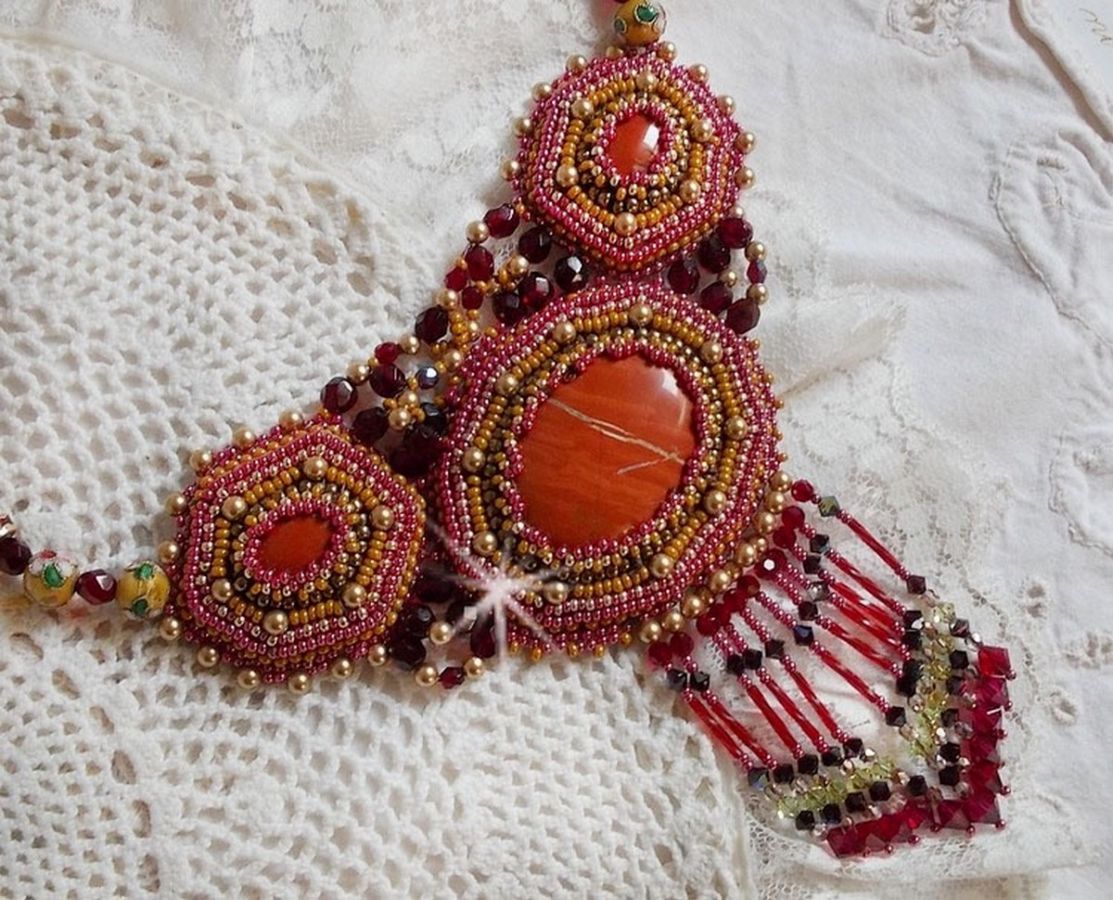 Red Jasper Necklace embroidered with semi-precious stones Red Jasper with Swarovski crystals, cloisonne beads, Muranos and rocailles