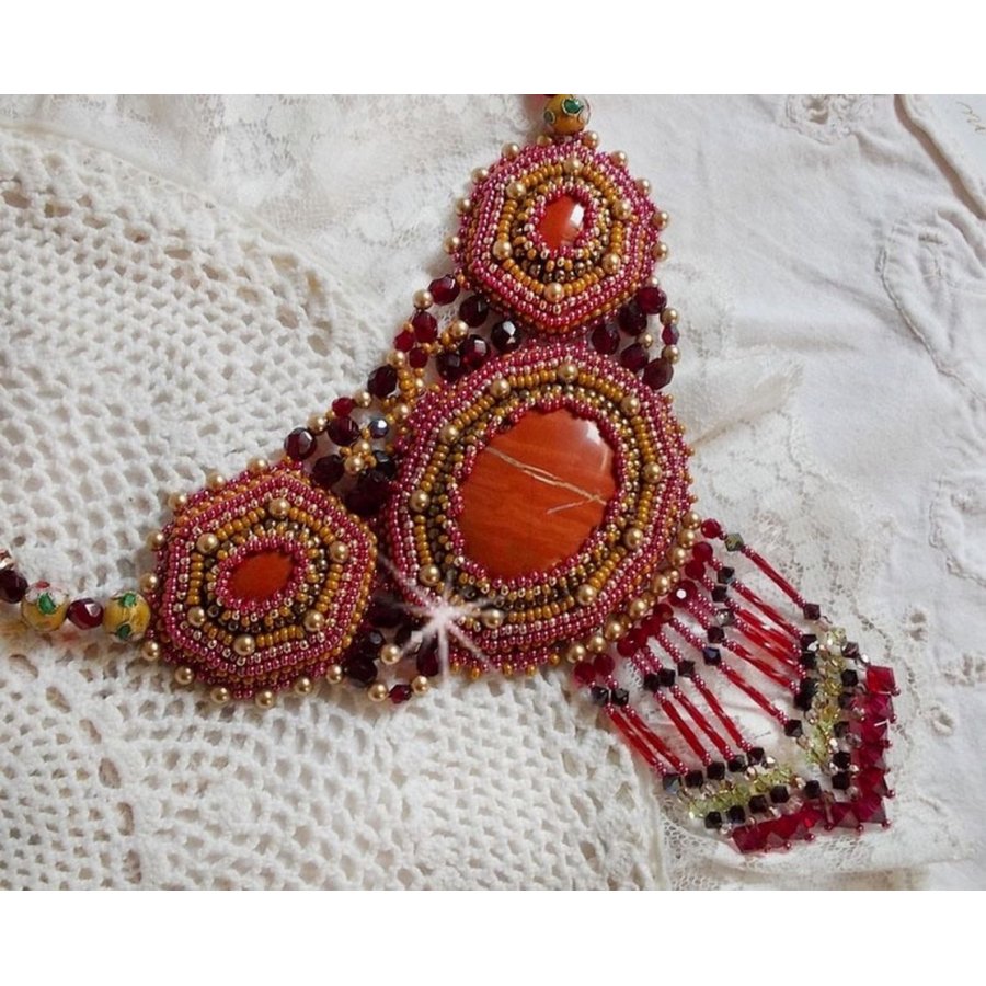 Red Jasper Necklace embroidered with semi-precious stones Red Jasper with Swarovski crystals, cloisonne beads, Muranos and rocailles