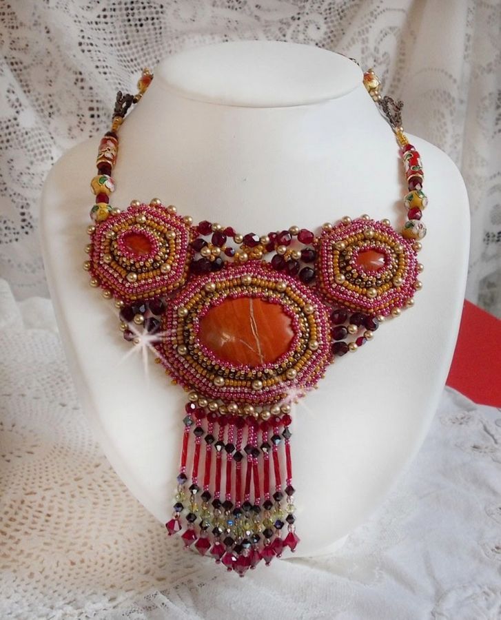 Red Jasper Necklace embroidered with semi-precious stones Red Jasper with Swarovski crystals, cloisonne beads, Muranos and rocailles