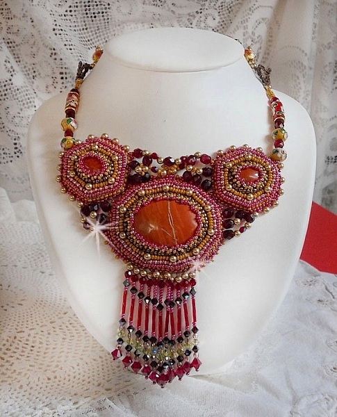 Red Jasper Necklace embroidered with semi-precious stones Red Jasper with Swarovski crystals, cloisonne beads, Muranos and rocailles