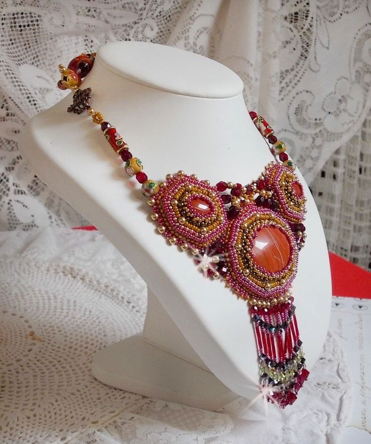 Red Jasper Necklace embroidered with semi-precious stones Red Jasper with Swarovski crystals, cloisonne beads, Muranos and rocailles