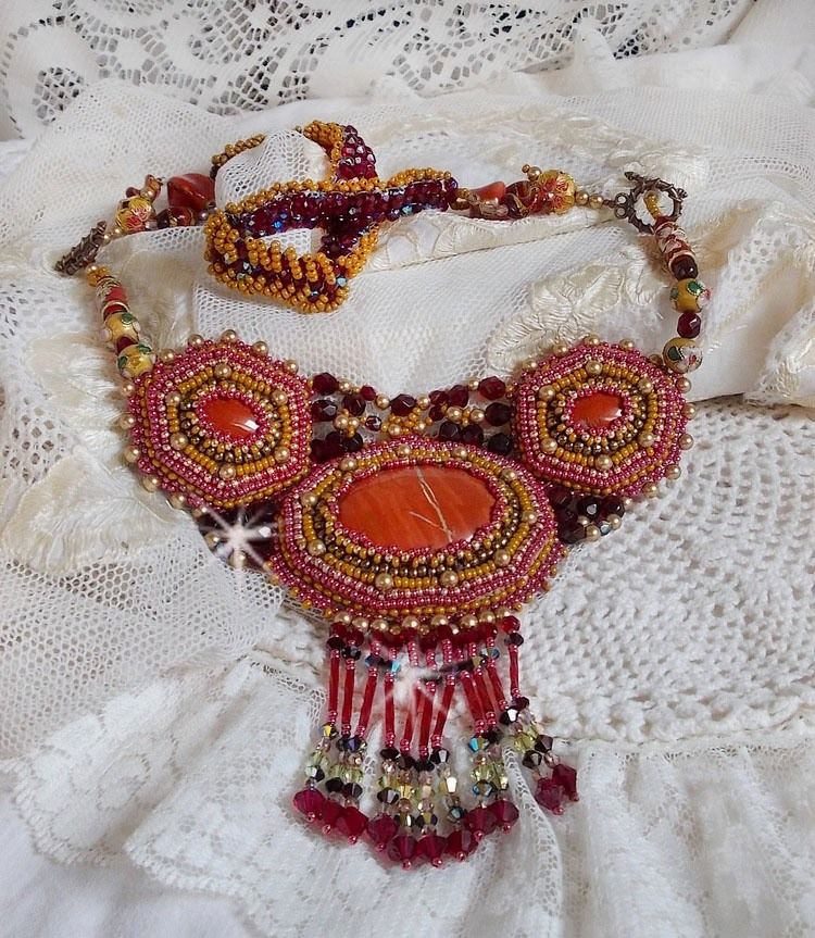 Red Jasper Necklace embroidered with semi-precious stones Red Jasper with Swarovski crystals, cloisonne beads, Muranos and rocailles