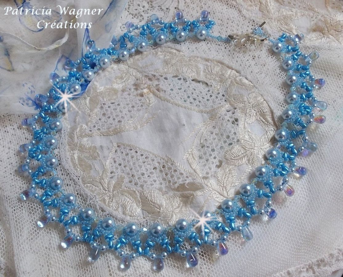 Light Azur necklace with Swarovski crystal pearls and glass drops