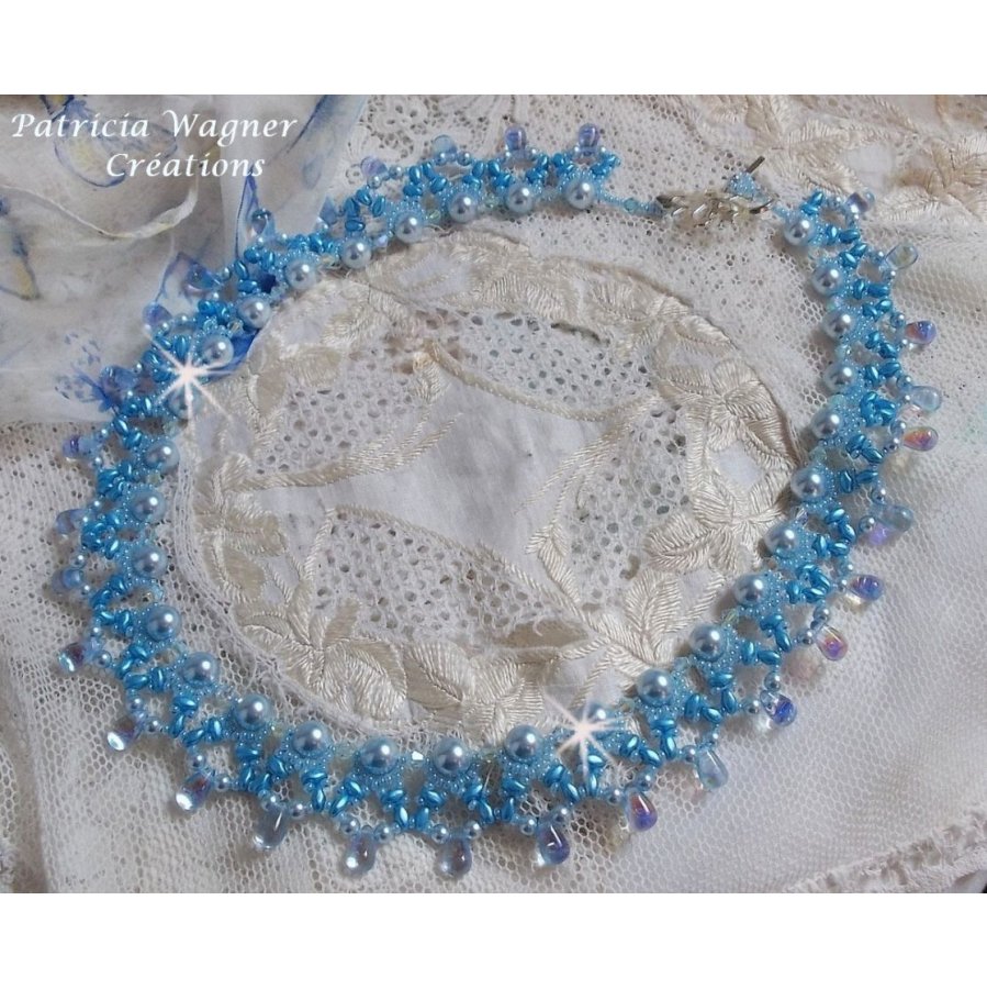 Light Azur necklace with Swarovski crystal pearls and glass drops