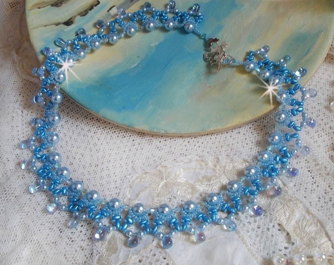 Light Azur necklace with Swarovski crystal pearls and glass drops