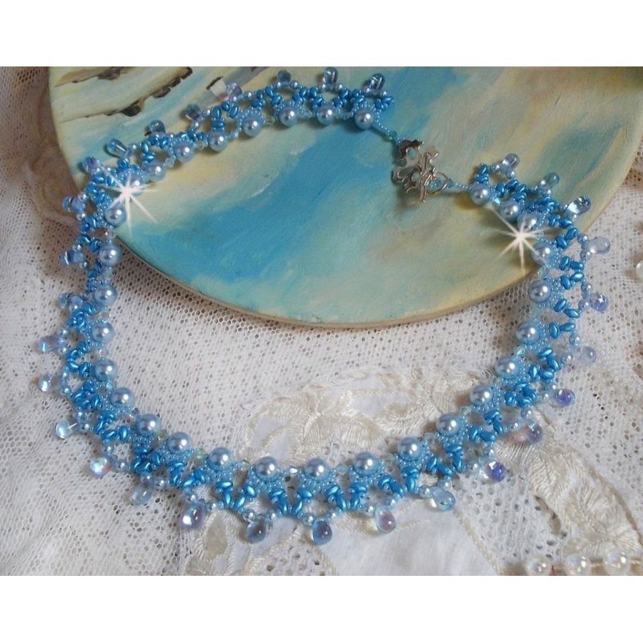 Light Azur necklace with Swarovski crystal pearls and glass drops