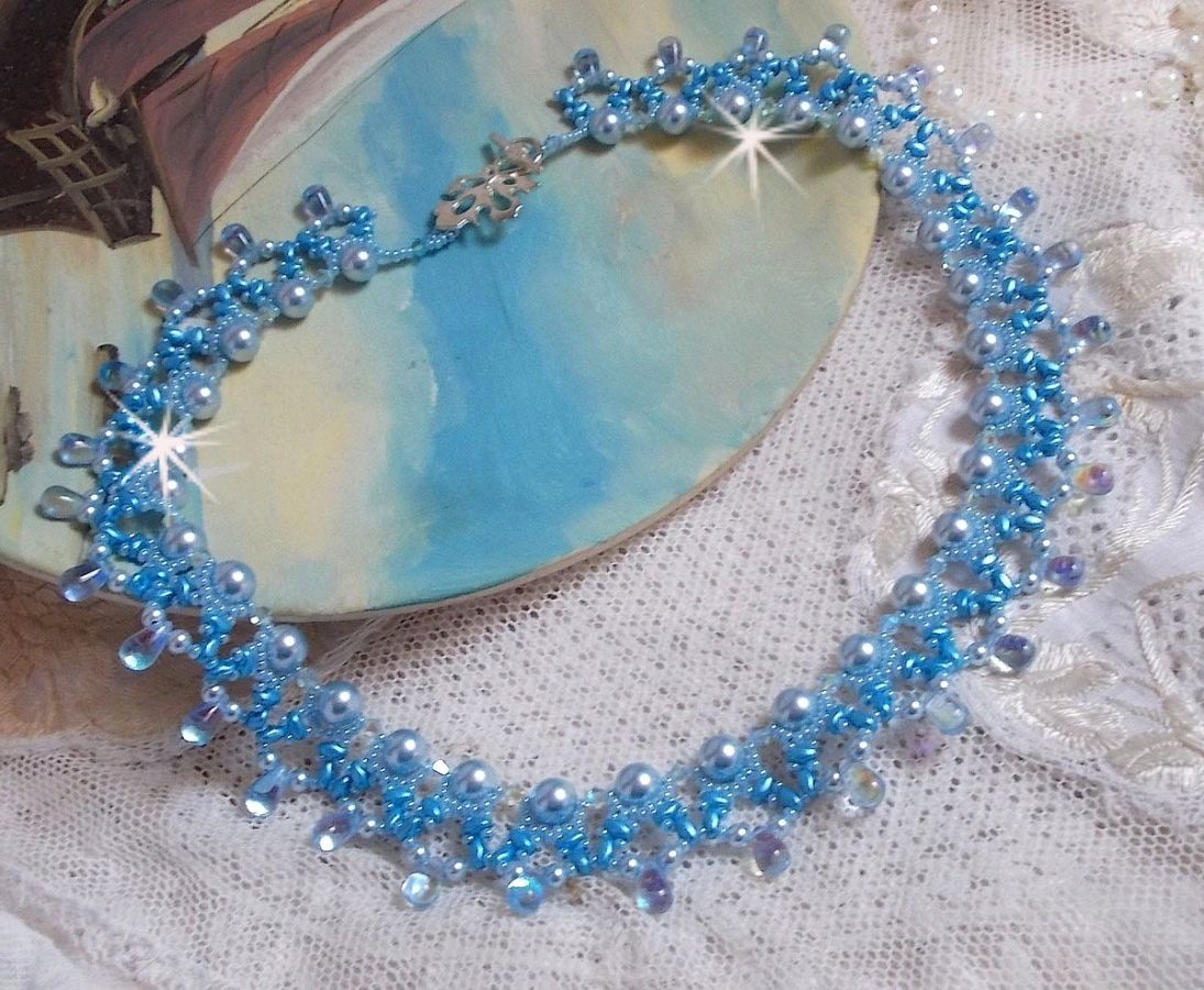 Light Azur necklace with Swarovski crystal pearls and glass drops