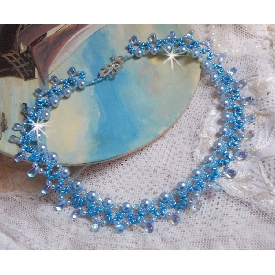 Light Azur necklace with Swarovski crystal pearls and glass drops