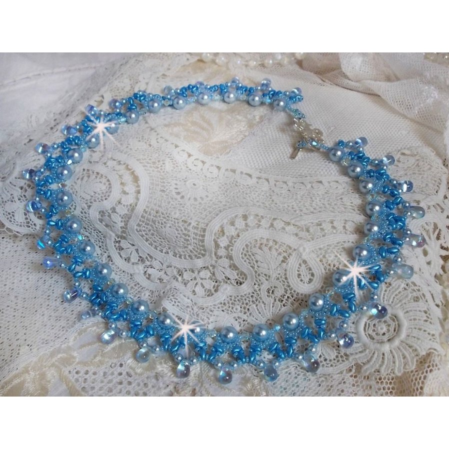 Light Azur necklace with Swarovski crystal pearls and glass drops