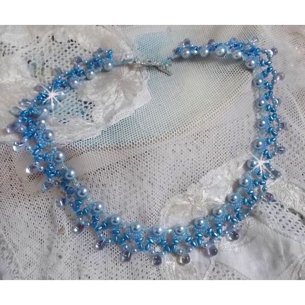 Light Azur necklace with Swarovski crystal pearls and glass drops
