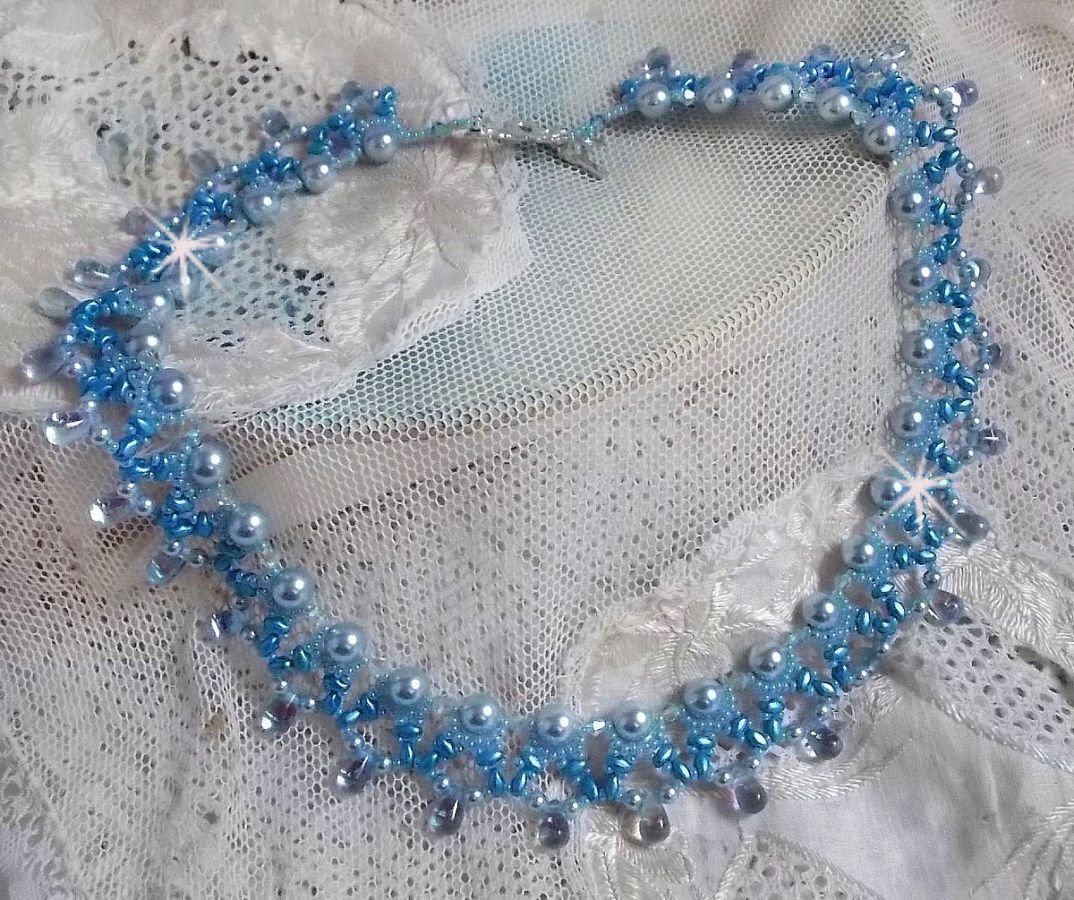 Light Azur necklace with Swarovski crystal pearls and glass drops