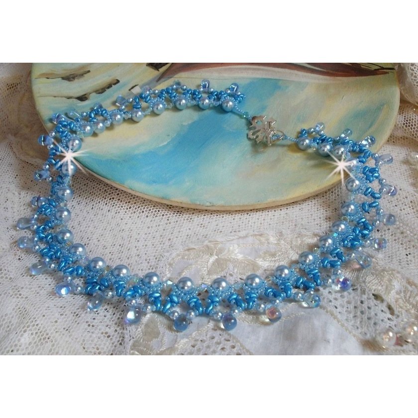 Light Azur necklace with Swarovski crystal pearls and glass drops