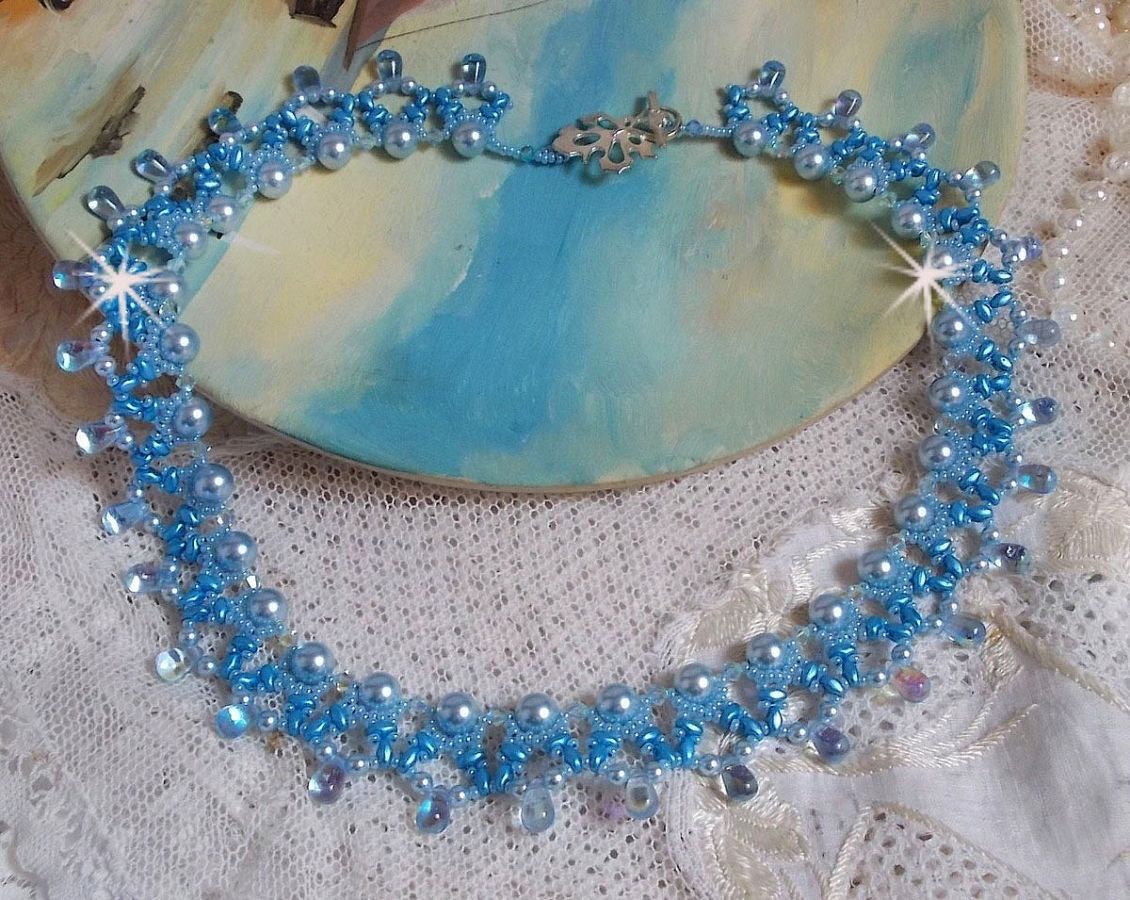 Light Azur necklace with Swarovski crystal pearls and glass drops