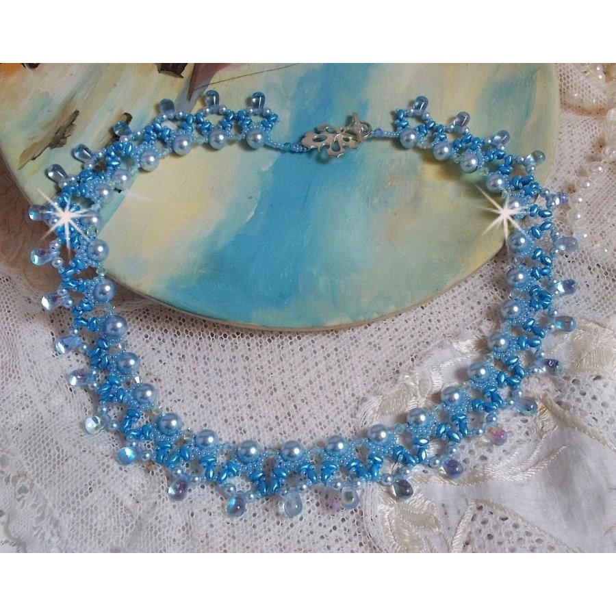 Light Azur necklace with Swarovski crystal pearls and glass drops