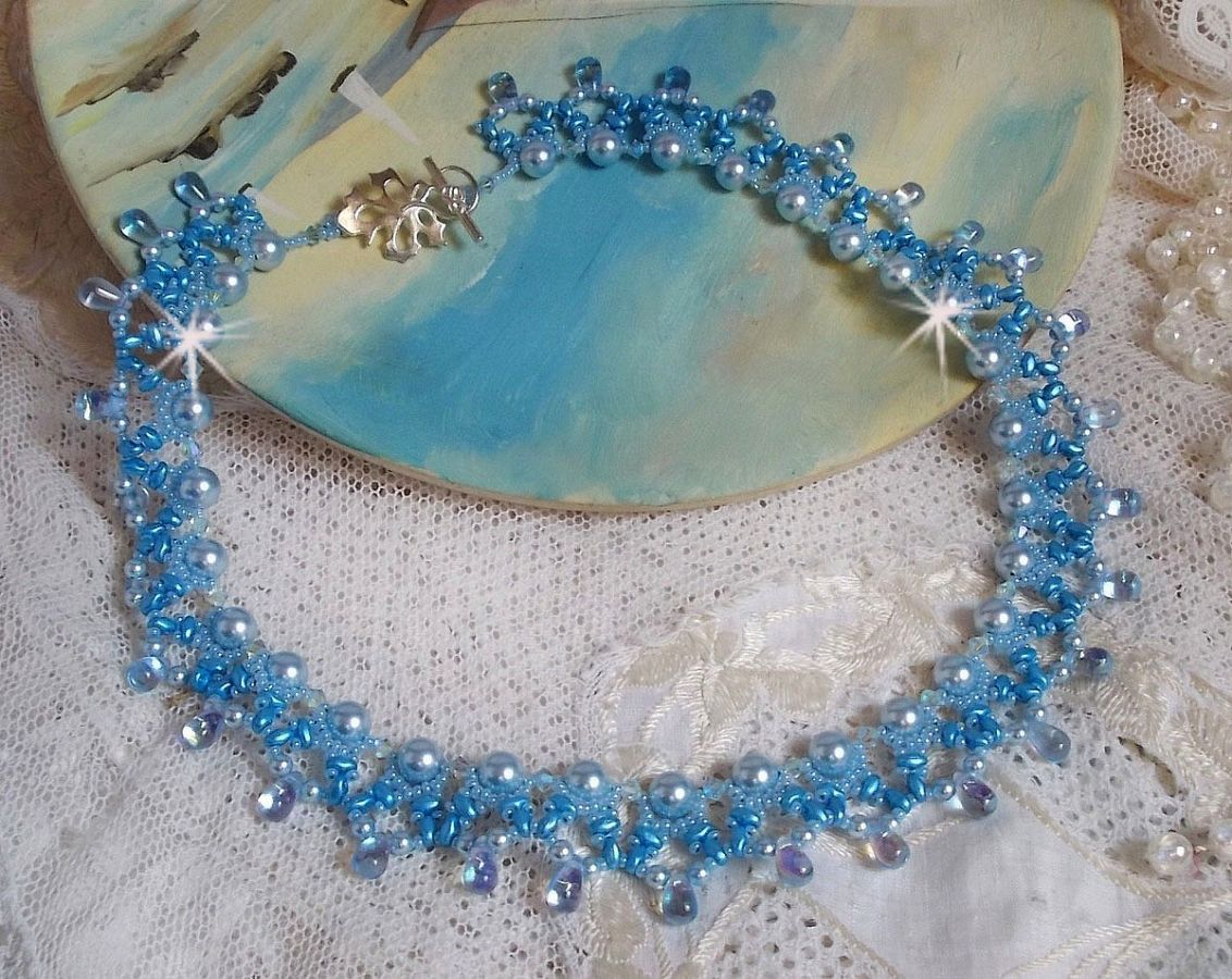 Light Azur necklace with Swarovski crystal pearls and glass drops