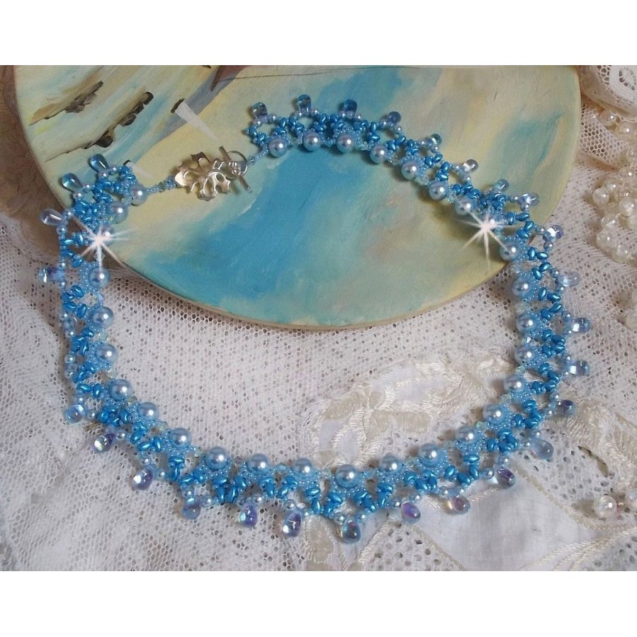 Light Azur necklace with Swarovski crystal pearls and glass drops