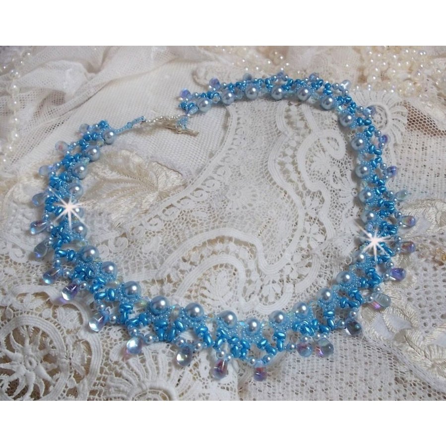 Light Azur necklace with Swarovski crystal pearls and glass drops