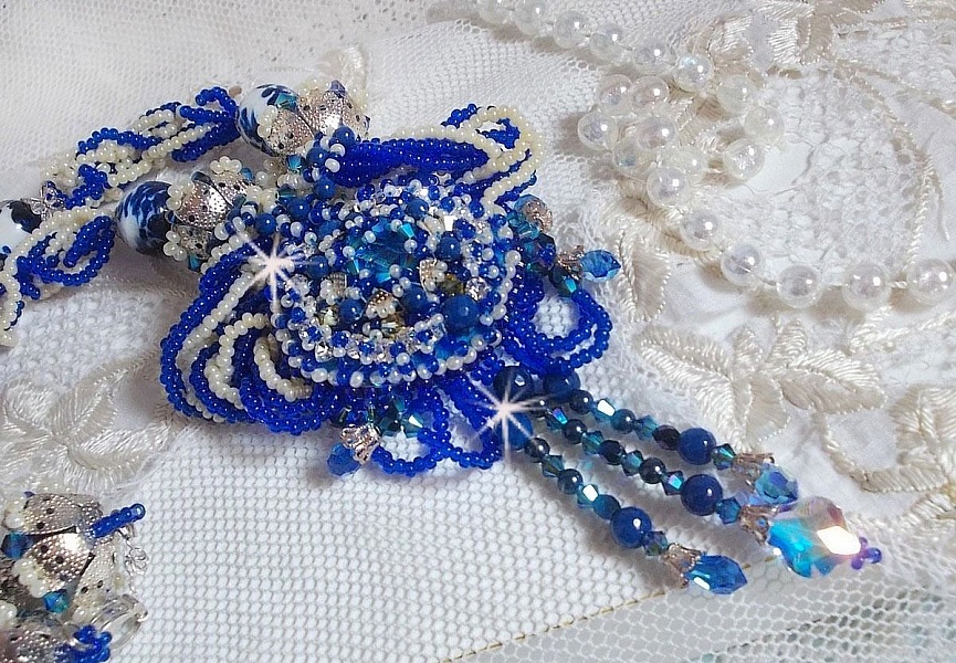 Lotus Flowers necklace embroidered with Capri Blue/White Venice beads and Swarovski crystals