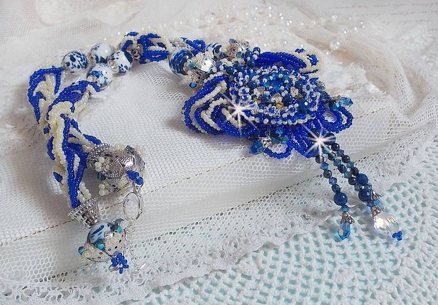 Lotus Flowers necklace embroidered with Capri Blue/White Venice beads and Swarovski crystals