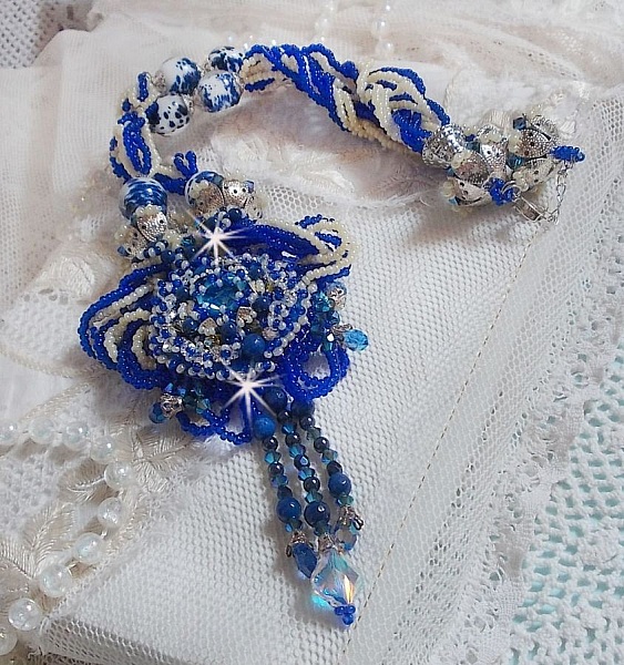 Lotus Flowers necklace embroidered with Capri Blue/White Venice beads and Swarovski crystals