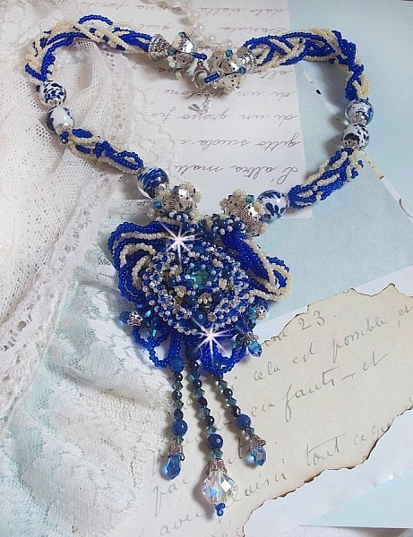 Lotus Flowers necklace embroidered with Capri Blue/White Venice beads and Swarovski crystals