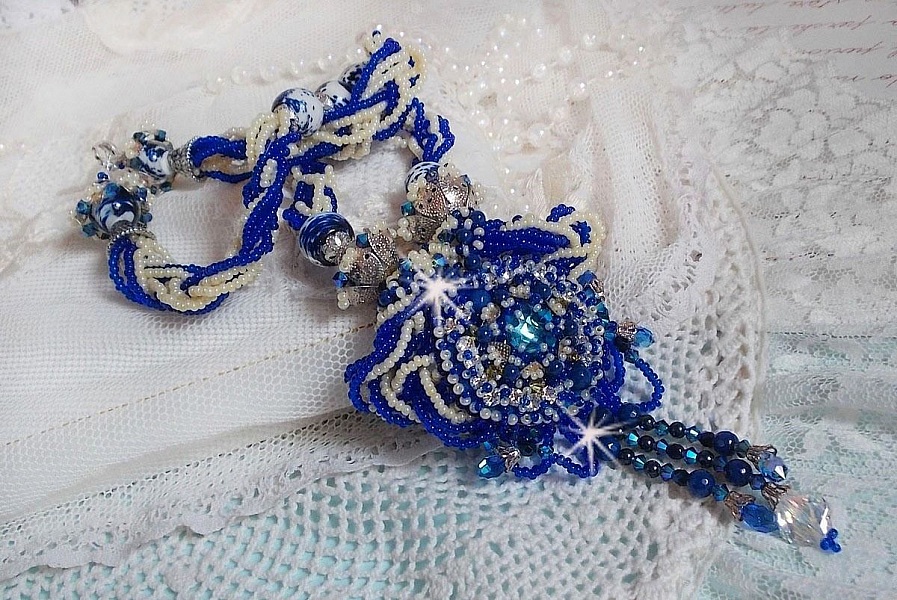 Lotus Flowers necklace embroidered with Capri Blue/White Venice beads and Swarovski crystals