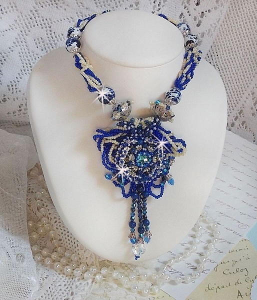 Lotus Flowers necklace embroidered with Capri Blue/White Venice beads and Swarovski crystals