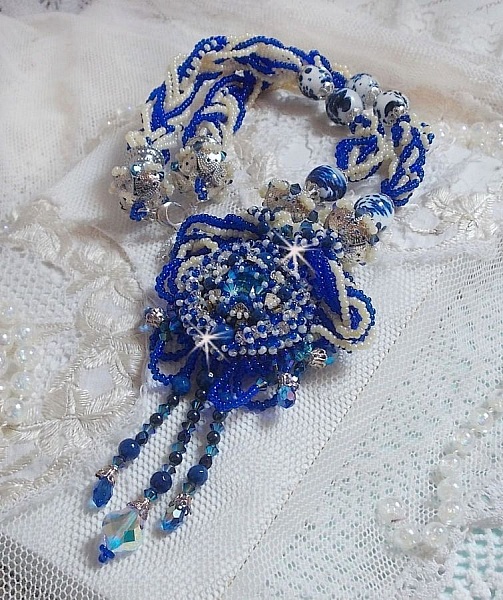 Lotus Flowers necklace embroidered with Capri Blue/White Venice beads and Swarovski crystals