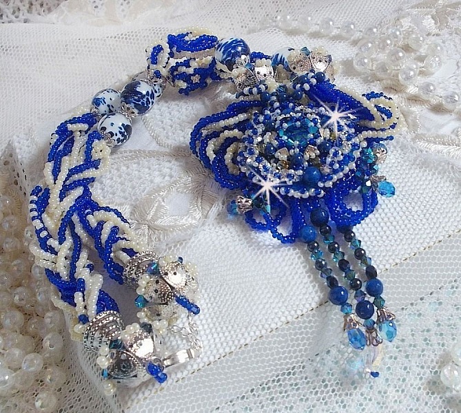 Lotus Flowers necklace embroidered with Capri Blue/White Venice beads and Swarovski crystals