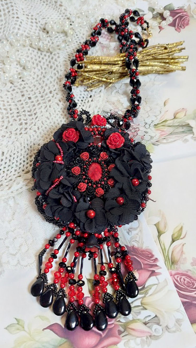 Midnight in Paris necklace embroidered with Swarovski crystals, resin roses, rocailles and black daggers