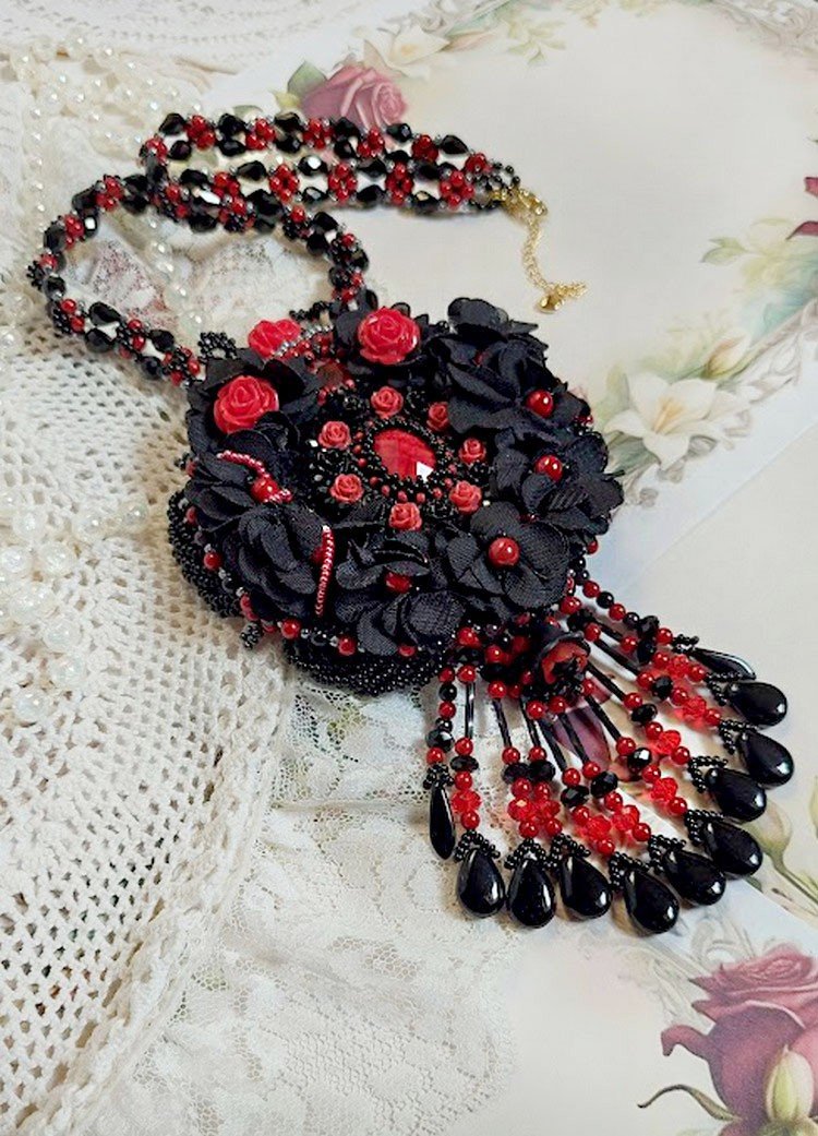 Midnight in Paris necklace embroidered with Swarovski crystals, resin roses, rocailles and black daggers
