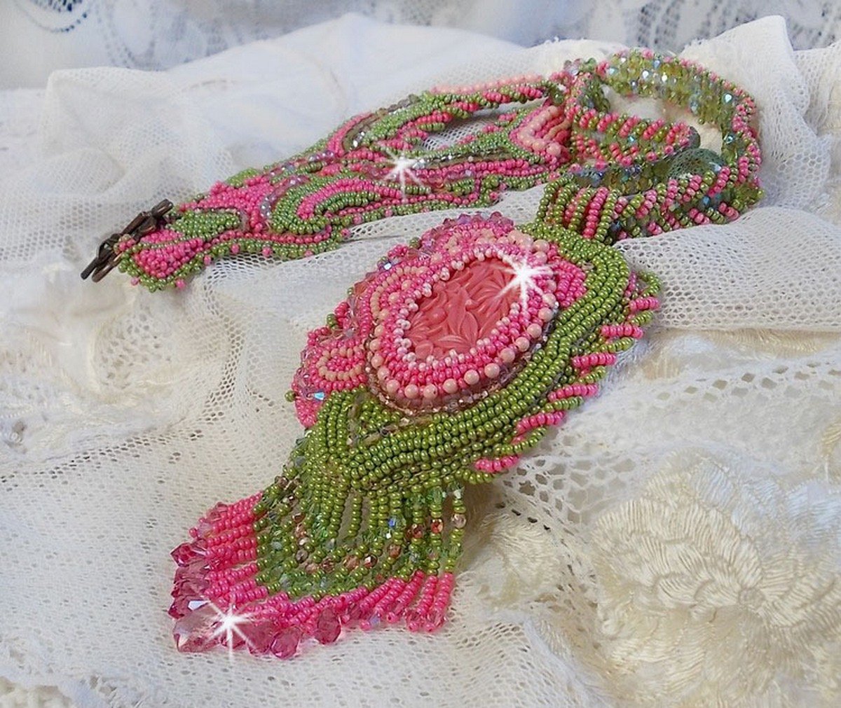 Miss Lady necklace embroidered with green and pink seed beads and a resin cabochon