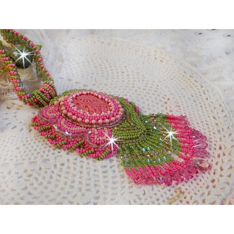 Miss Lady necklace embroidered with green and pink seed beads and a resin cabochon