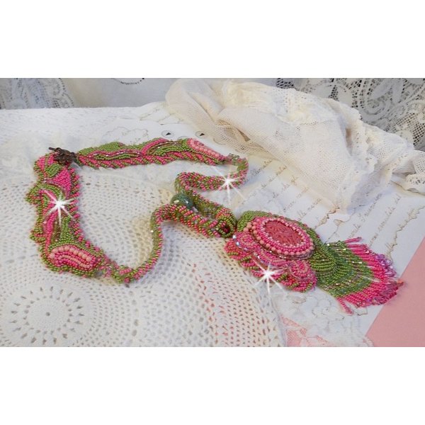 Miss Lady necklace embroidered with green and pink seed beads and a resin cabochon