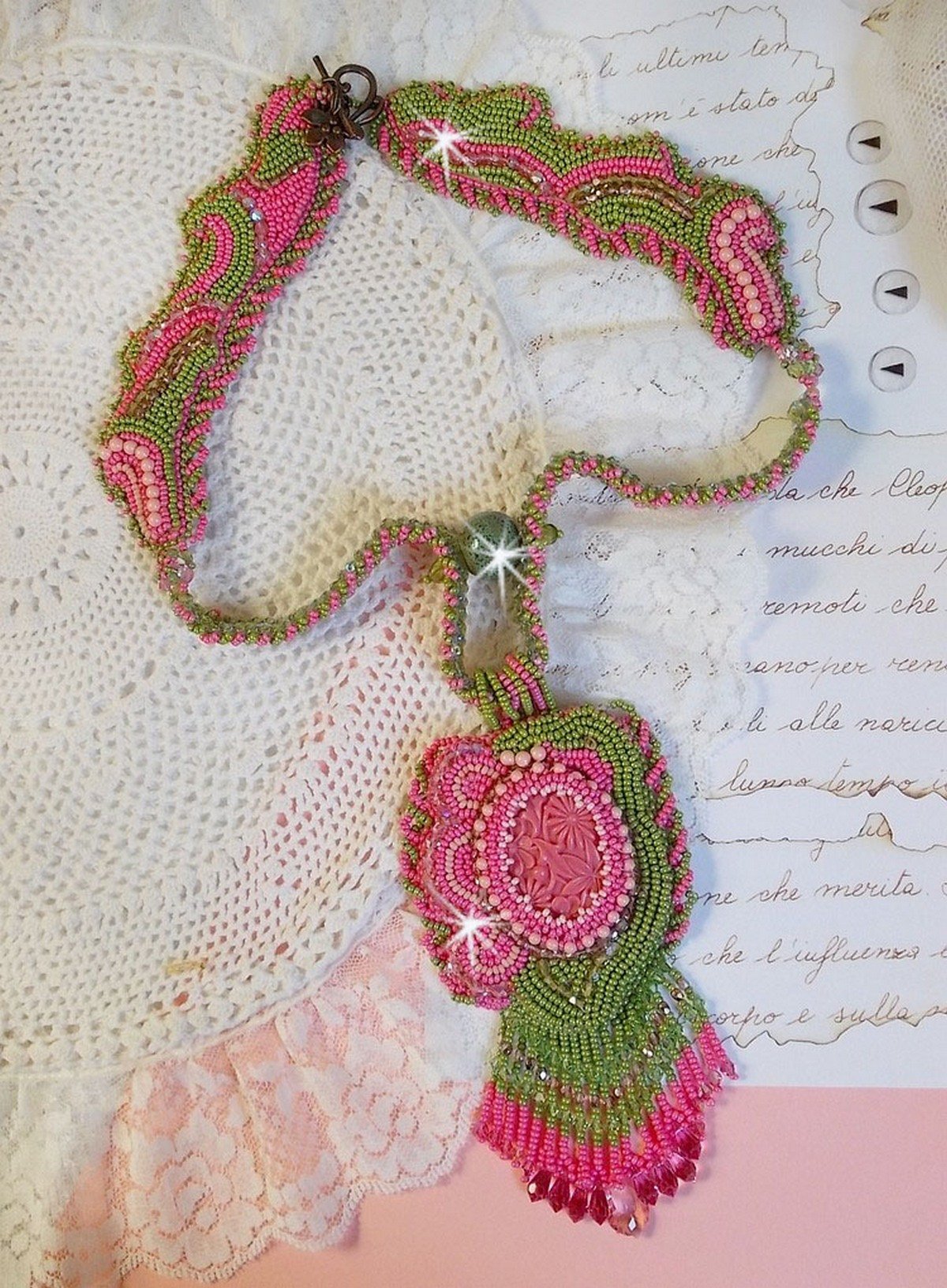 Miss Lady necklace embroidered with green and pink seed beads and a resin cabochon